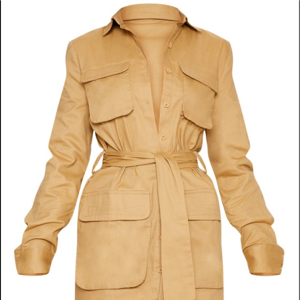 PrettyLittleThing Camel Utility Tie Waist Shirt Dress in 8!